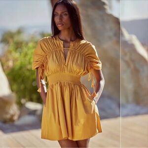 NWT MISA Los Angeles Camila Shirred Puff-Sleeve Drawstring Mini Dress.  Size S
